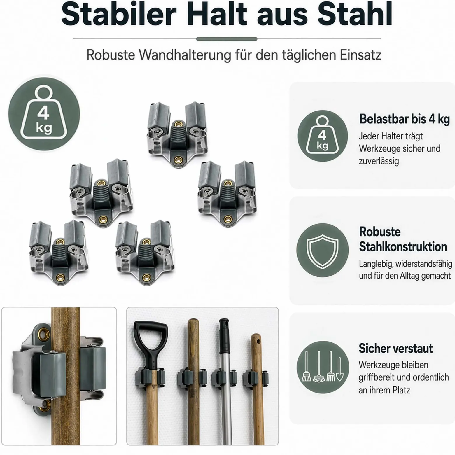 Wiltec Gerätehalter aus Stahl 5x mit Klemmhalter als Wandhalterung Gerätehalter Besenhalter zur Wandmontage in Garage Werkstatt Keller
