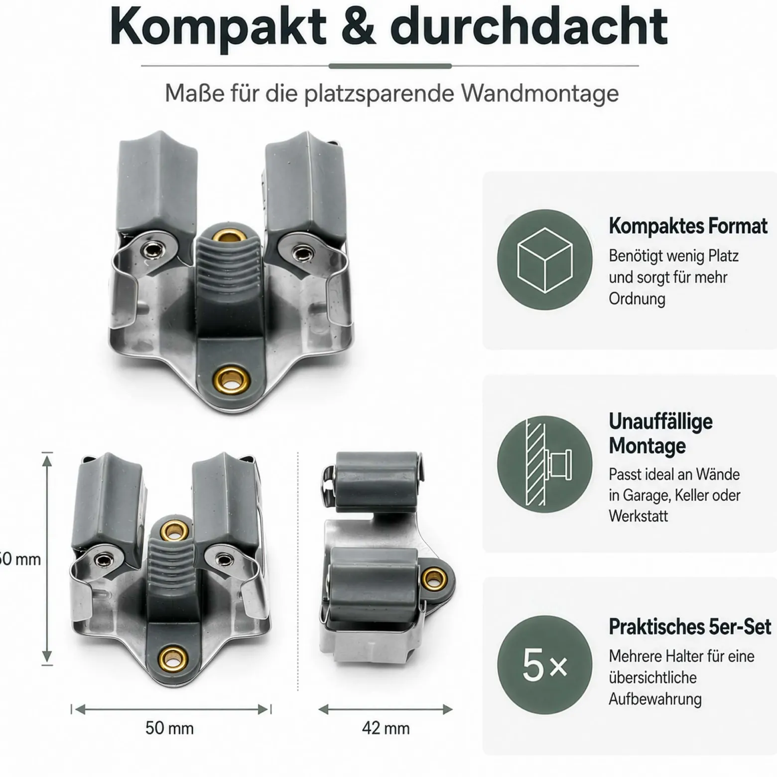 Wiltec Gerätehalter aus Stahl 5x mit Klemmhalter als Wandhalterung Gerätehalter Besenhalter zur Wandmontage in Garage Werkstatt Keller