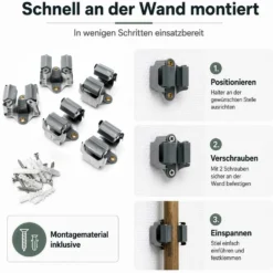 Wiltec Gerätehalter aus Stahl 5x mit Klemmhalter als Wandhalterung Gerätehalter Besenhalter zur Wandmontage in Garage Werkstatt Keller
