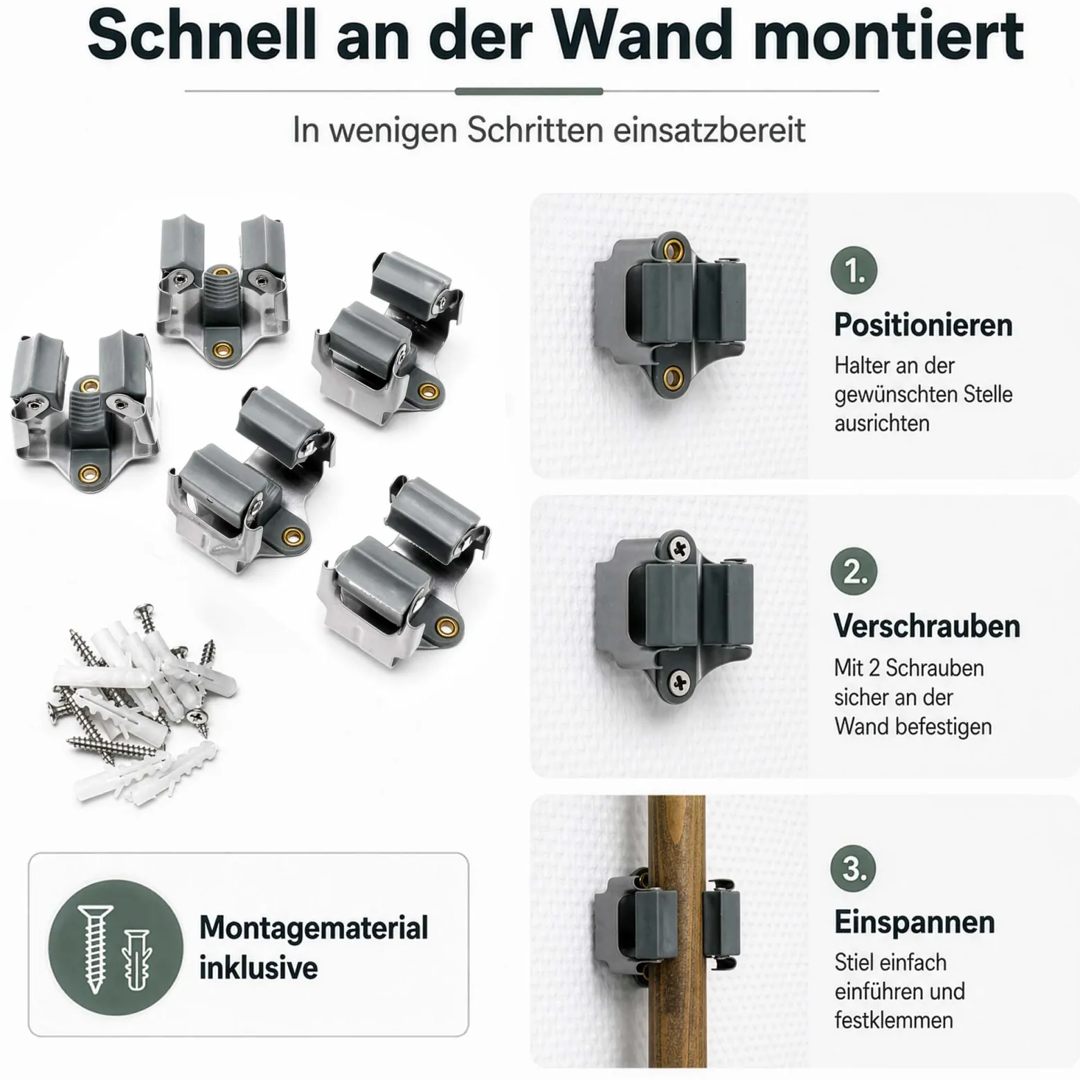 Wiltec Gerätehalter aus Stahl 5x mit Klemmhalter als Wandhalterung Gerätehalter Besenhalter zur Wandmontage in Garage Werkstatt Keller
