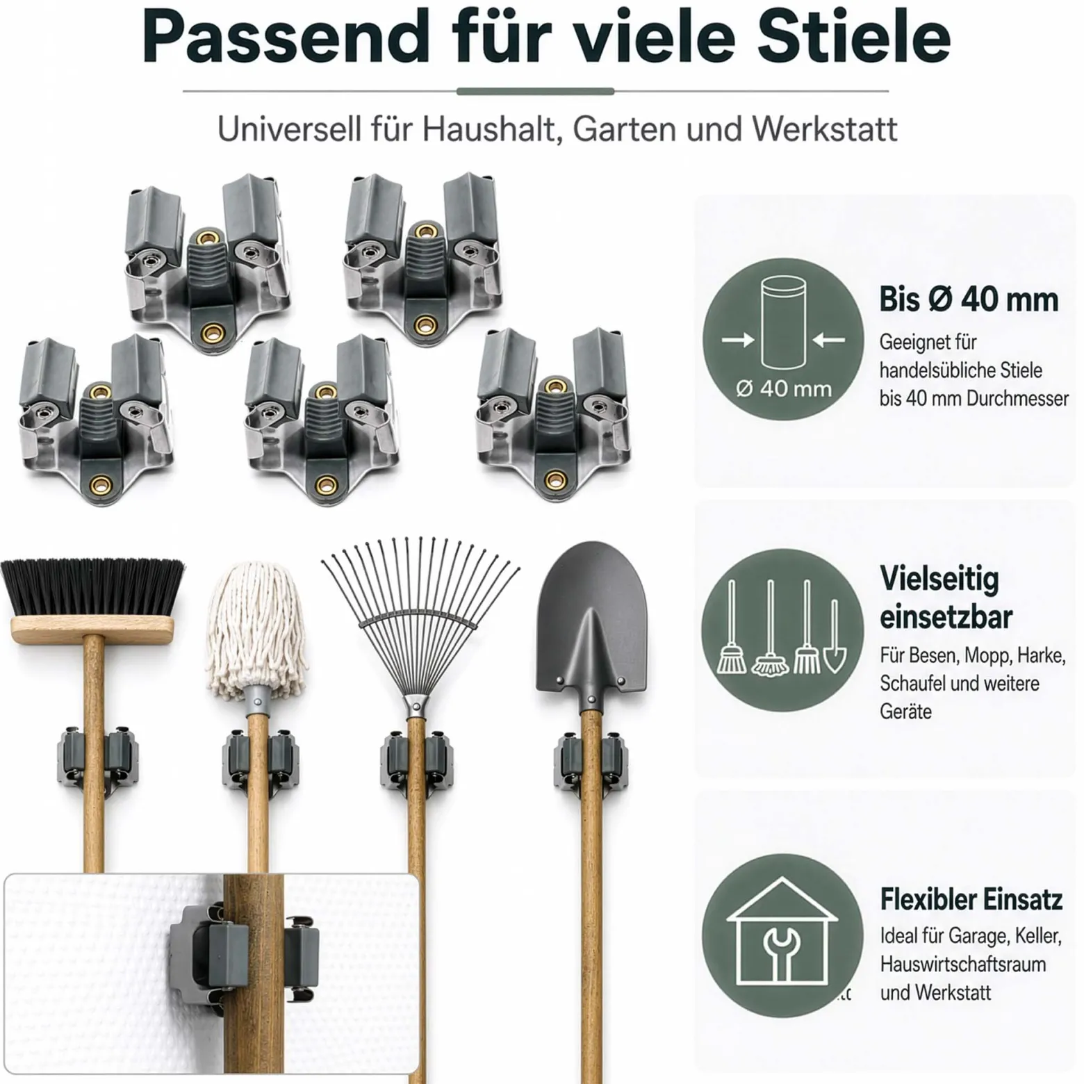 Wiltec Gerätehalter aus Stahl 5x mit Klemmhalter als Wandhalterung Gerätehalter Besenhalter zur Wandmontage in Garage Werkstatt Keller
