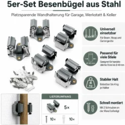 Wiltec Gerätehalter aus Stahl 5x mit Klemmhalter als Wandhalterung Gerätehalter Besenhalter zur Wandmontage in Garage Werkstatt Keller