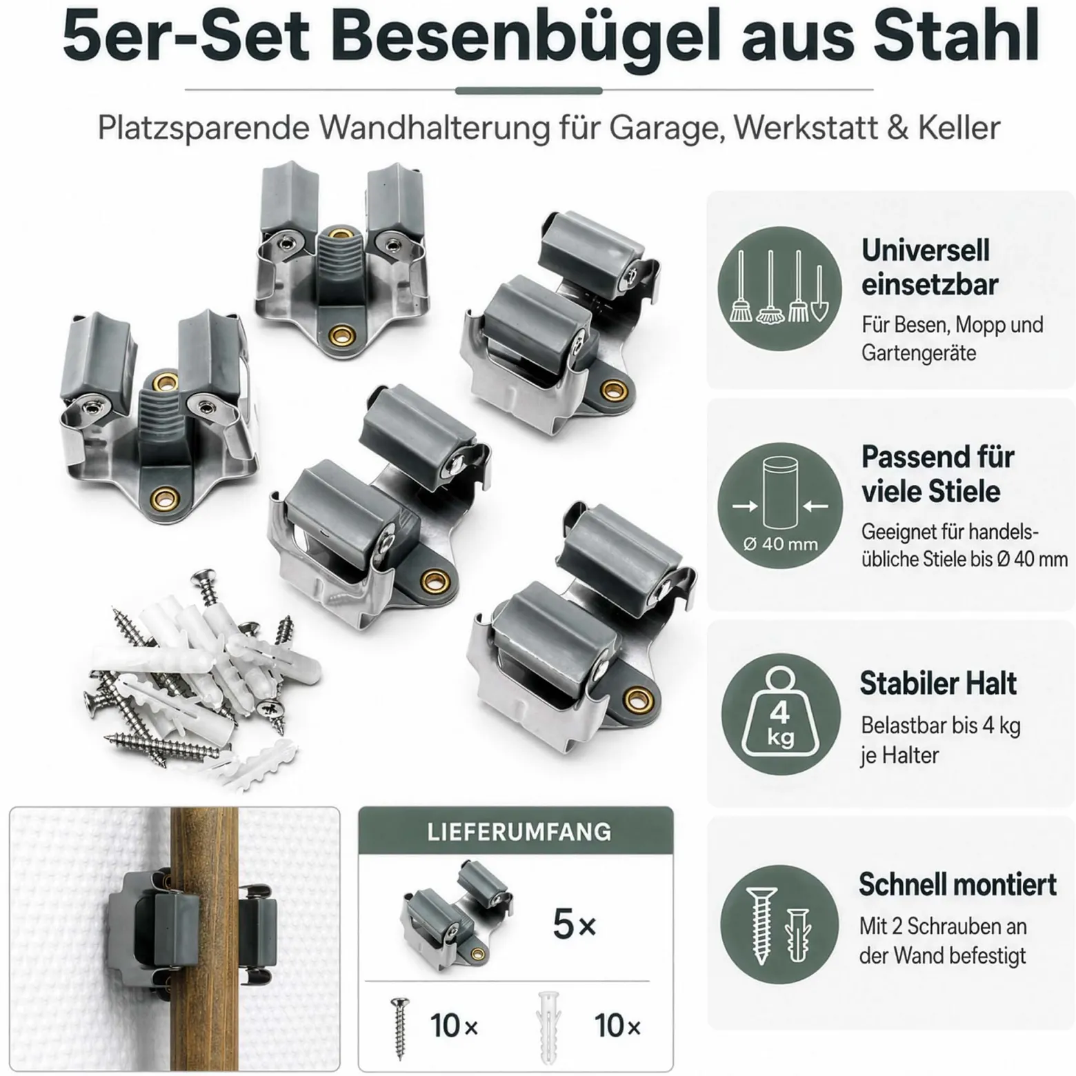 Wiltec Gerätehalter aus Stahl 5x mit Klemmhalter als Wandhalterung Gerätehalter Besenhalter zur Wandmontage in Garage Werkstatt Keller