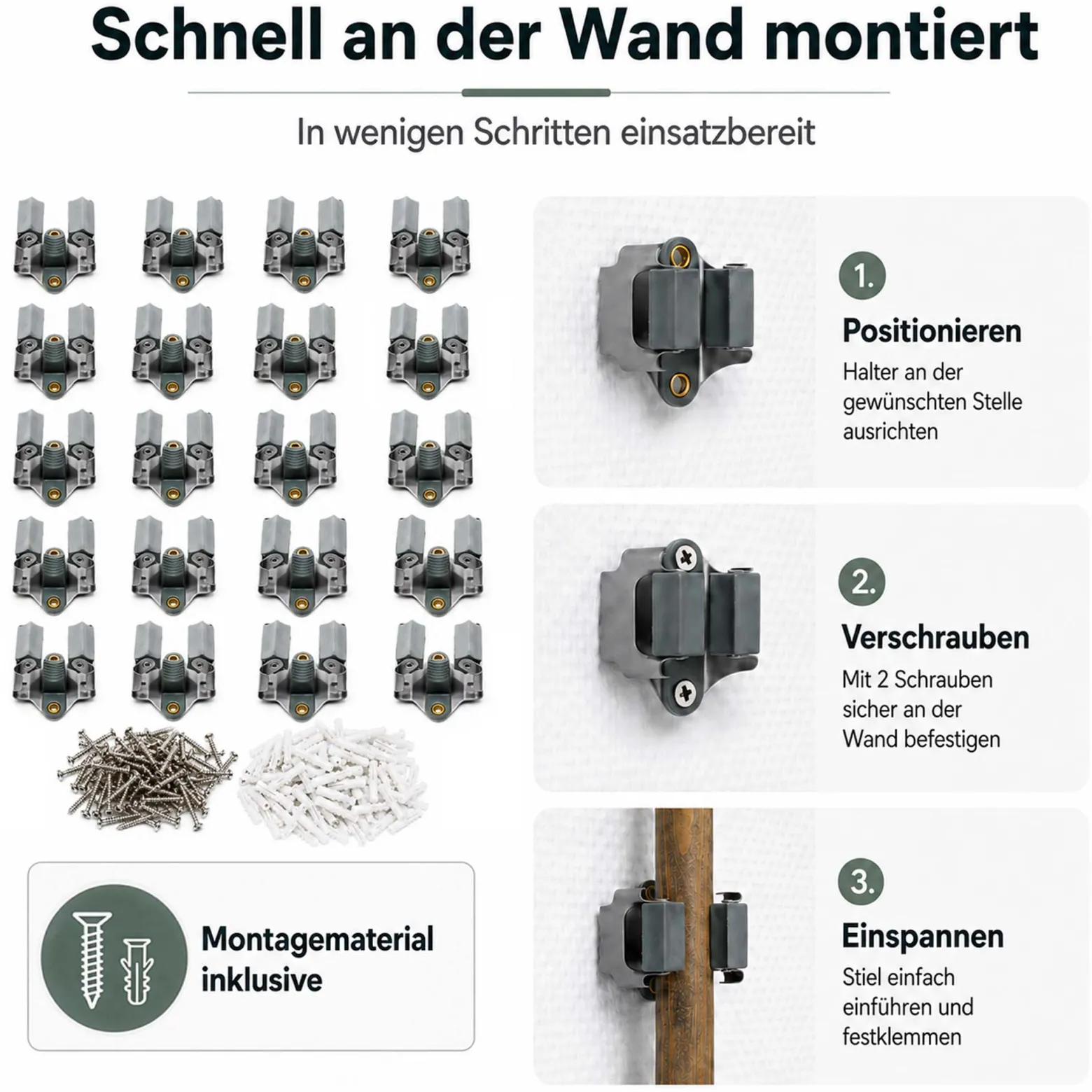 Wiltec Gerätehalter aus Stahl 20x mit Klemmhalter als Wandhalterung Gerätehalter Besenhalter zur Wandmontage in Garage Werkstatt Keller