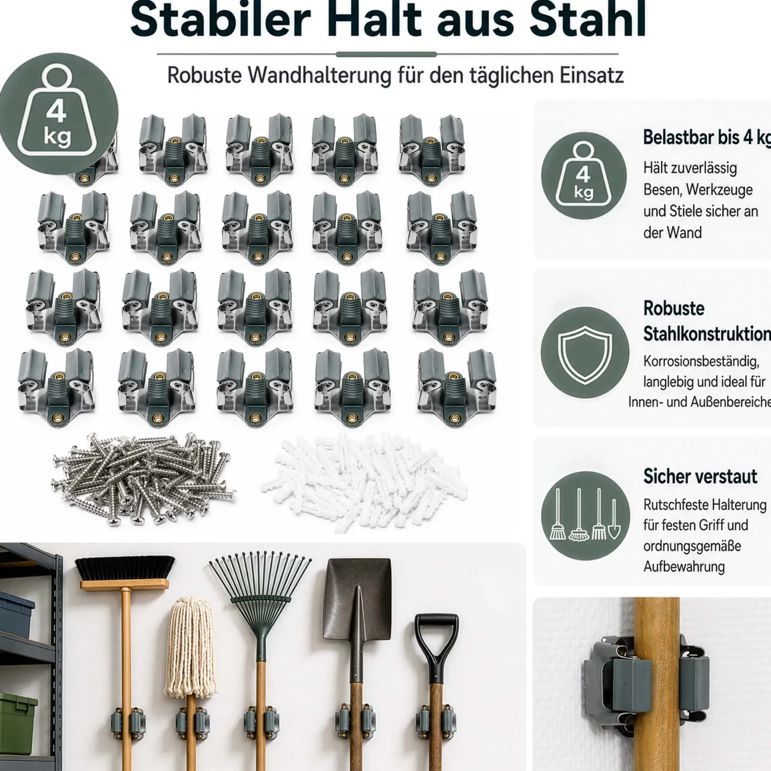 Wiltec Gerätehalter aus Stahl 20x mit Klemmhalter als Wandhalterung Gerätehalter Besenhalter zur Wandmontage in Garage Werkstatt Keller
