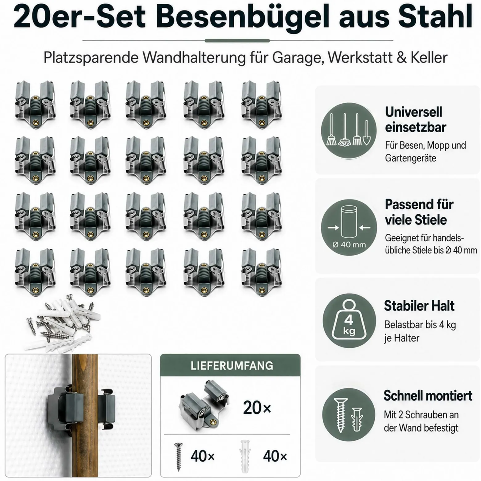 Wiltec Gerätehalter aus Stahl 20x mit Klemmhalter als Wandhalterung Gerätehalter Besenhalter zur Wandmontage in Garage Werkstatt Keller