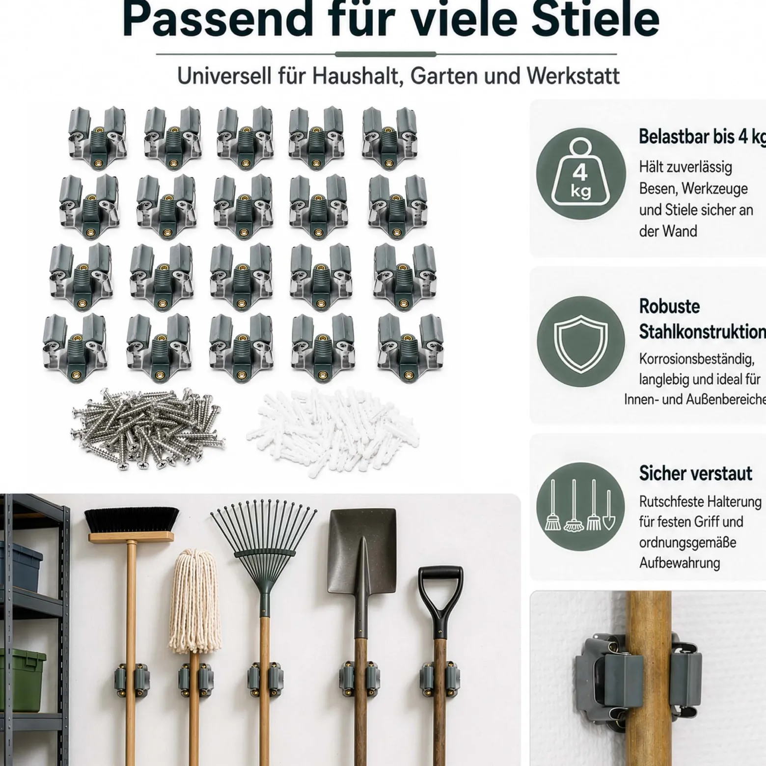 Wiltec Gerätehalter aus Stahl 20x mit Klemmhalter als Wandhalterung Gerätehalter Besenhalter zur Wandmontage in Garage Werkstatt Keller