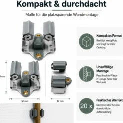 Wiltec Gerätehalter aus Stahl 20x mit Klemmhalter als Wandhalterung Gerätehalter Besenhalter zur Wandmontage in Garage Werkstatt Keller
