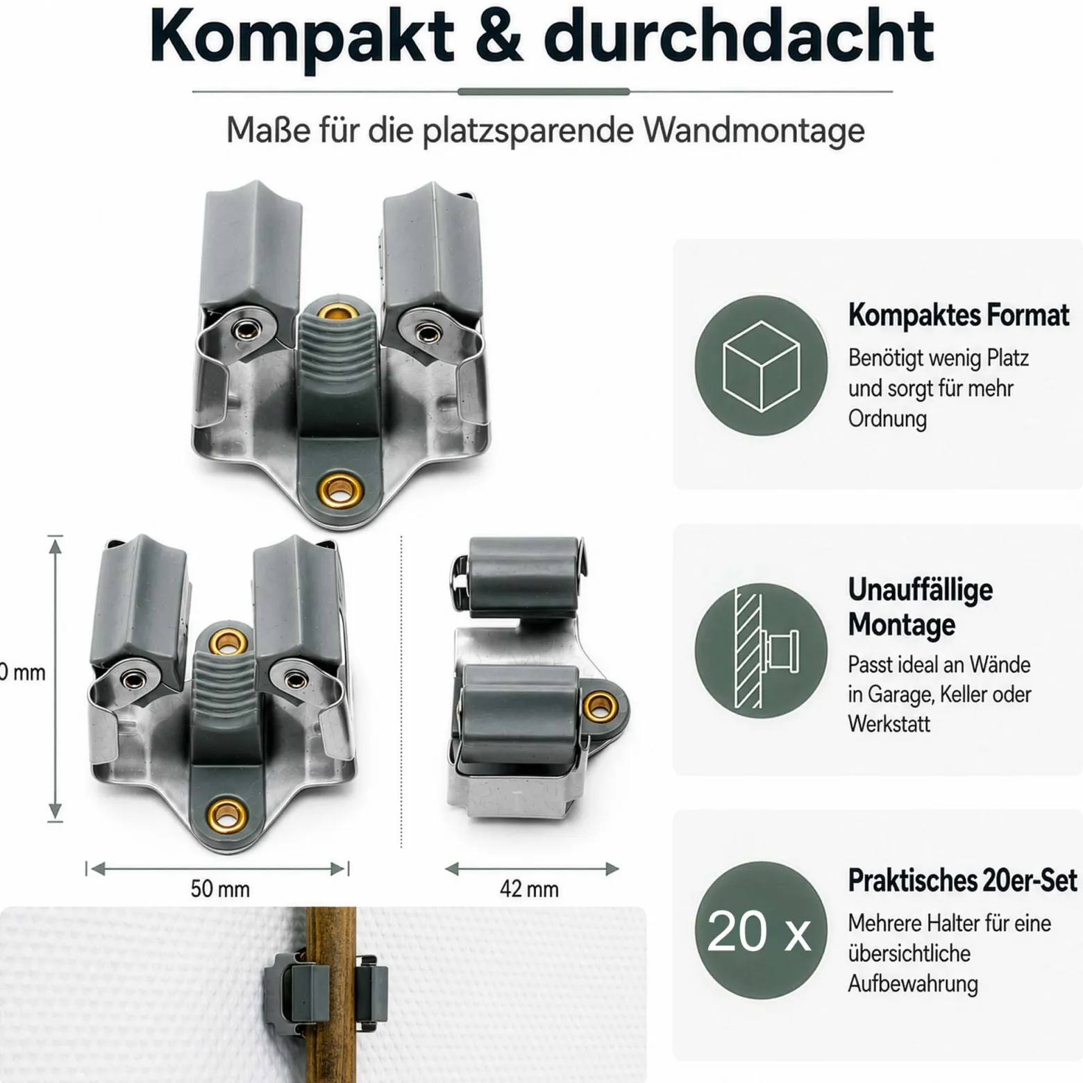 Wiltec Gerätehalter aus Stahl 20x mit Klemmhalter als Wandhalterung Gerätehalter Besenhalter zur Wandmontage in Garage Werkstatt Keller