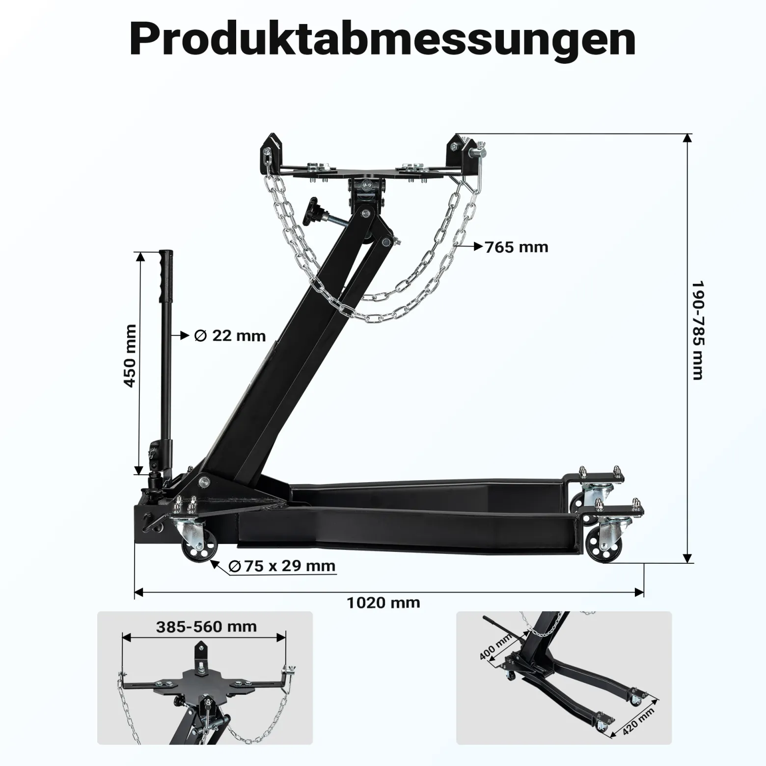 Wiltec Getriebeheber bis 1 t Traglast, Motorheber höhenverstellbar 180-790 mm, Motorblock mit Rollen