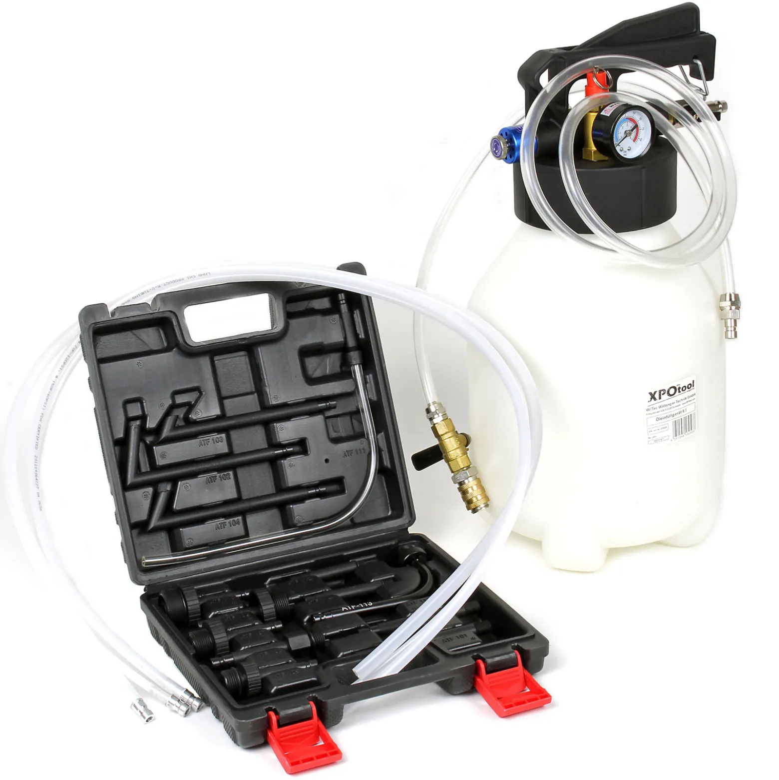 Wiltec Getriebeöl Einfüllgerät 6 L mit Druckluftpumpe inkl. 13 ATF Adapter u.a. für moderne Getriebe, Ölwechsel Gerät, Getriebeölwechsel Befüllgerät