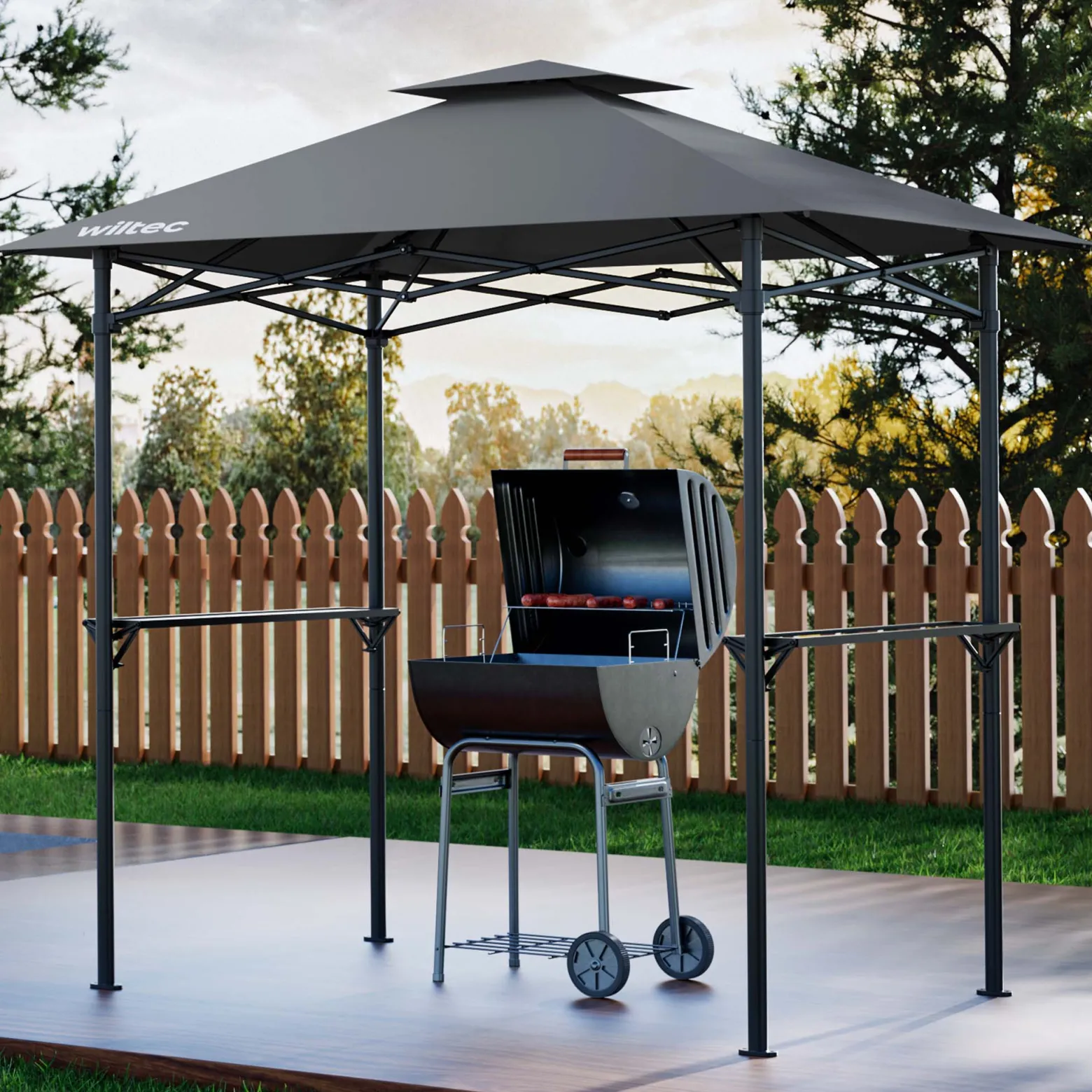 Wiltec Grillpavillon in Grau 245 x 152 x 242 cm, BBQ Pavillon mit Rauchabzug, Grillüberdachung mit wasserfester Dachplane, Grillzelt mit 2 Ablagen