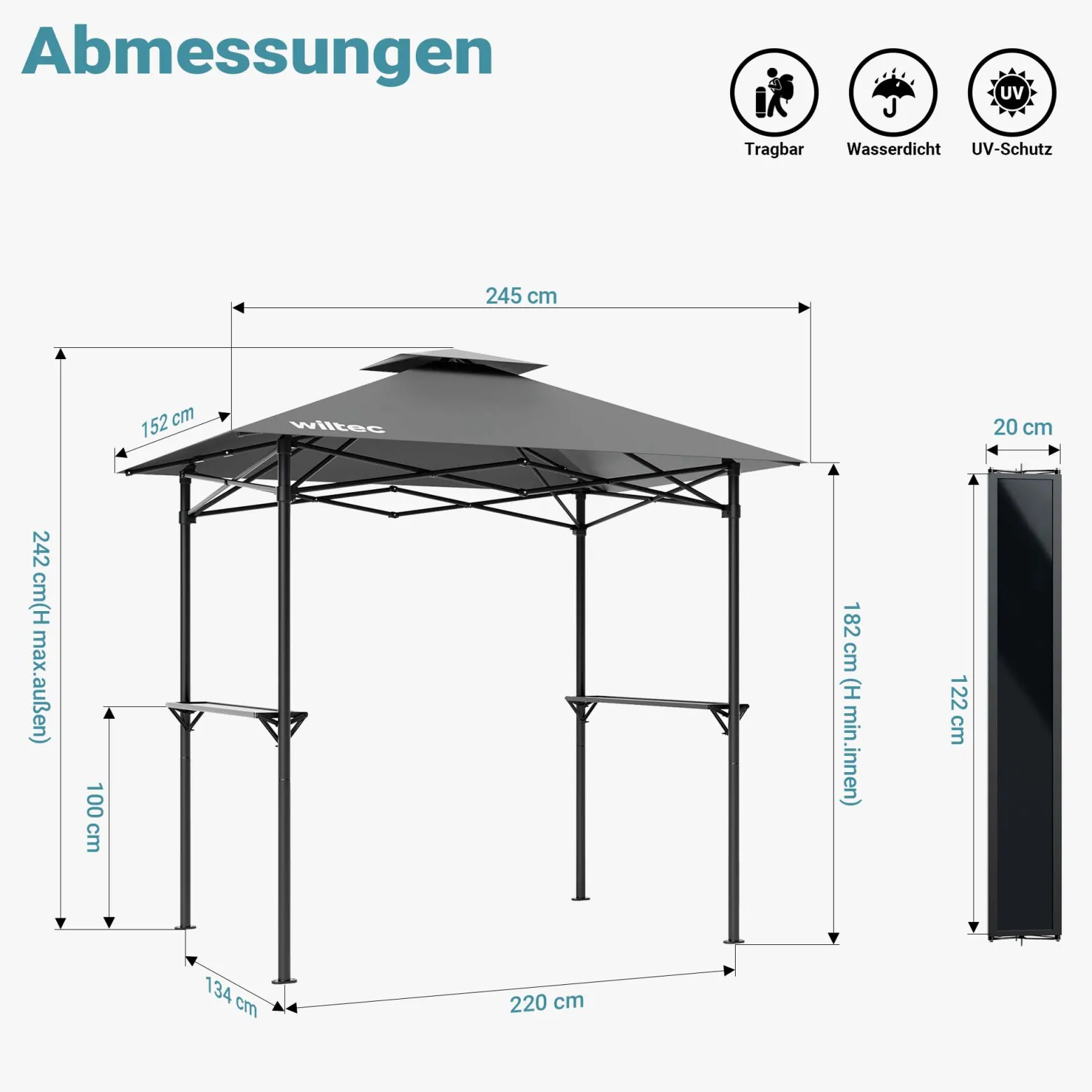 Wiltec Grillpavillon in Grau 245 x 152 x 242 cm, BBQ Pavillon mit Rauchabzug, Grillüberdachung mit wasserfester Dachplane, Grillzelt mit 2 Ablagen