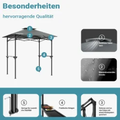 Wiltec Grillpavillon in Grau 245 x 152 x 242 cm, BBQ Pavillon mit Rauchabzug, Grillüberdachung mit wasserfester Dachplane, Grillzelt mit 2 Ablagen