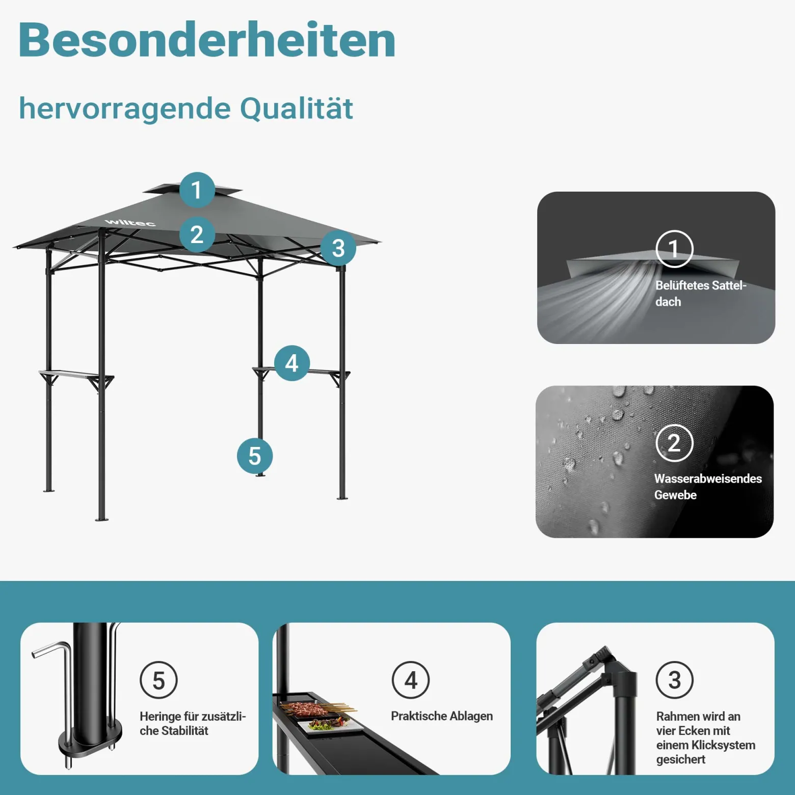 Wiltec Grillpavillon in Grau 245 x 152 x 242 cm, BBQ Pavillon mit Rauchabzug, Grillüberdachung mit wasserfester Dachplane, Grillzelt mit 2 Ablagen
