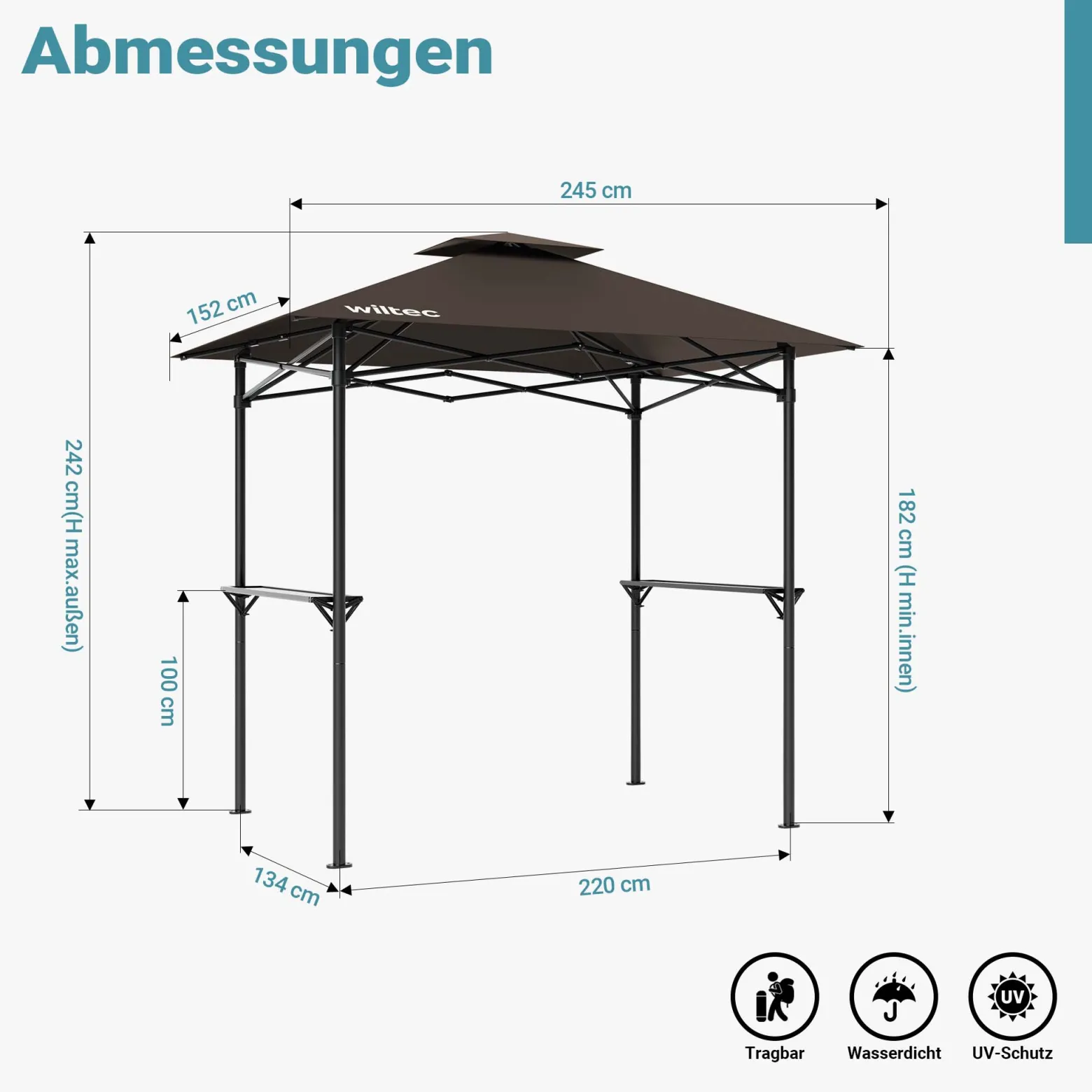 Wiltec Grillpavillon in Kaffee 245 x 152 x 242 cm, BBQ Pavillon mit Rauchabzug, Grillüberdachung mit wasserfester Dachplane, Grillzelt mit 2 Ablagen