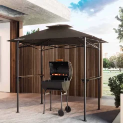 Wiltec Grillpavillon in Kaffee 245 x 152 x 242 cm, BBQ Pavillon mit Rauchabzug, Grillüberdachung mit wasserfester Dachplane, Grillzelt mit 2 Ablagen