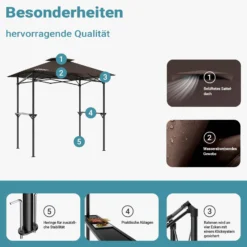 Wiltec Grillpavillon in Kaffee 245 x 152 x 242 cm, BBQ Pavillon mit Rauchabzug, Grillüberdachung mit wasserfester Dachplane, Grillzelt mit 2 Ablagen