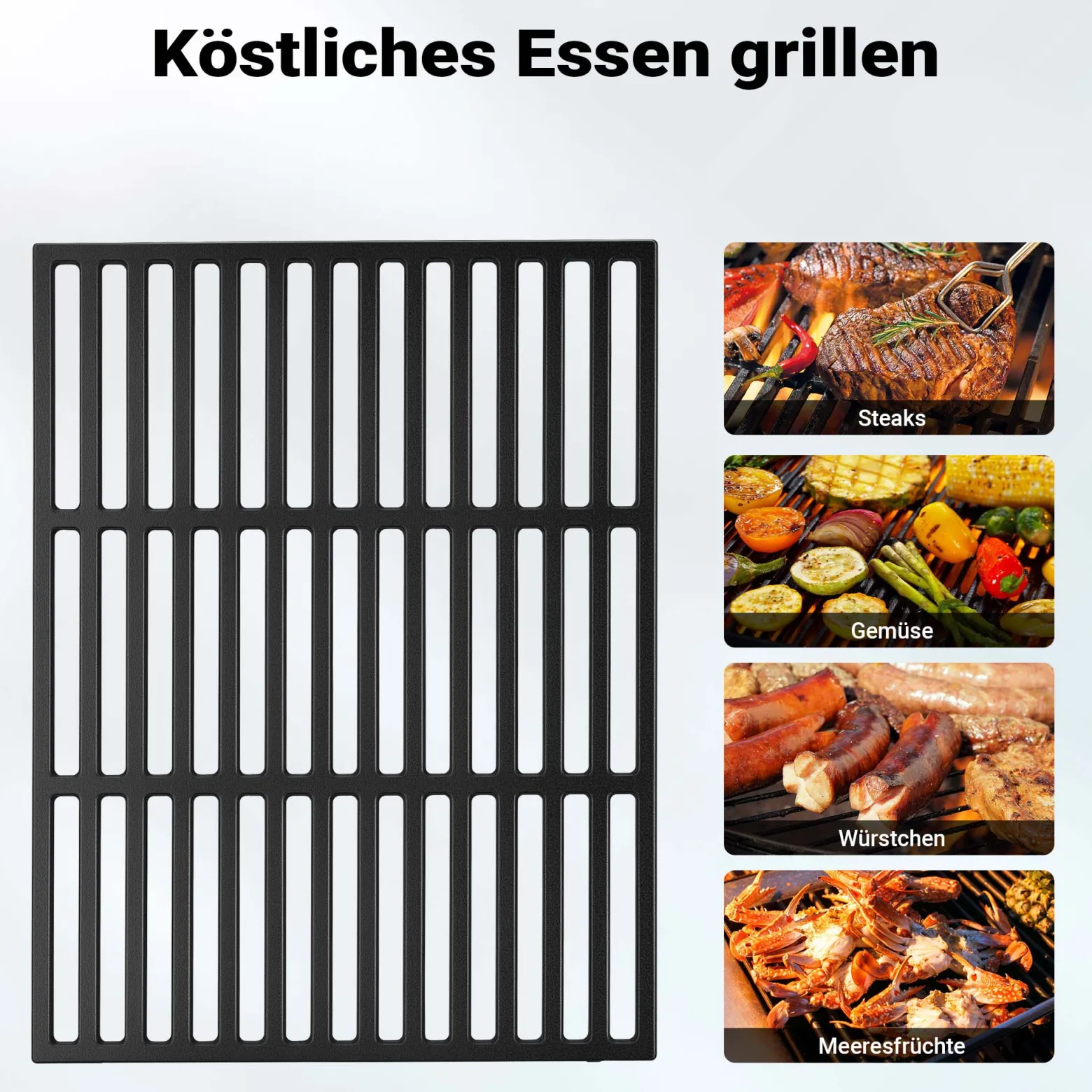 Wiltec Gusseisen Grillrost 30 x 44,5 cm, Grillgitter für Holzkohlegrill & Gasgrill, Gussgrillrost für BBQ, Grilleinsatz matt emailliert eckig