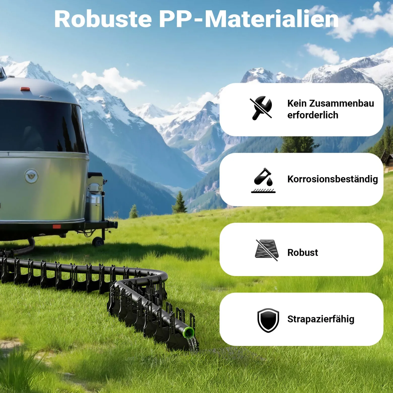 Wiltec Halterung für Abwasserschläuche 3,05 m, Schlauchhalterung Abwasserschlauch für Schläuche bis Ø 94 mm, Schlauchhalter höhenverstellbar für Abwasser bei Camping, Wohnwagen und Wohnmobil