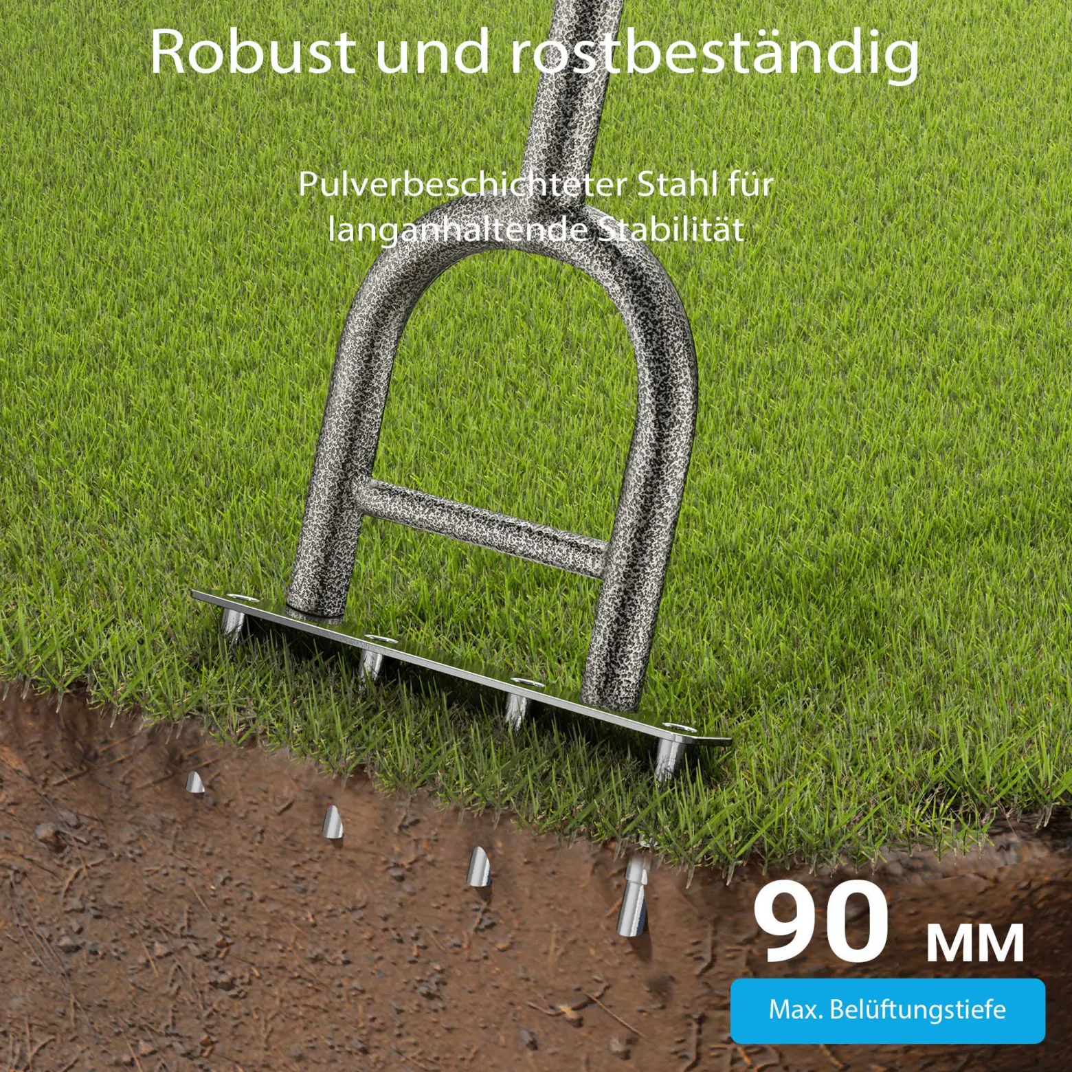 Wiltec Hand Aerifizierer aus Stahl, Handaerifizierer mit ergonomischem T-Griff, Rasenaerifizierer mit 4 Zinken, Rasenlüfter für effiziente Rasenpflege