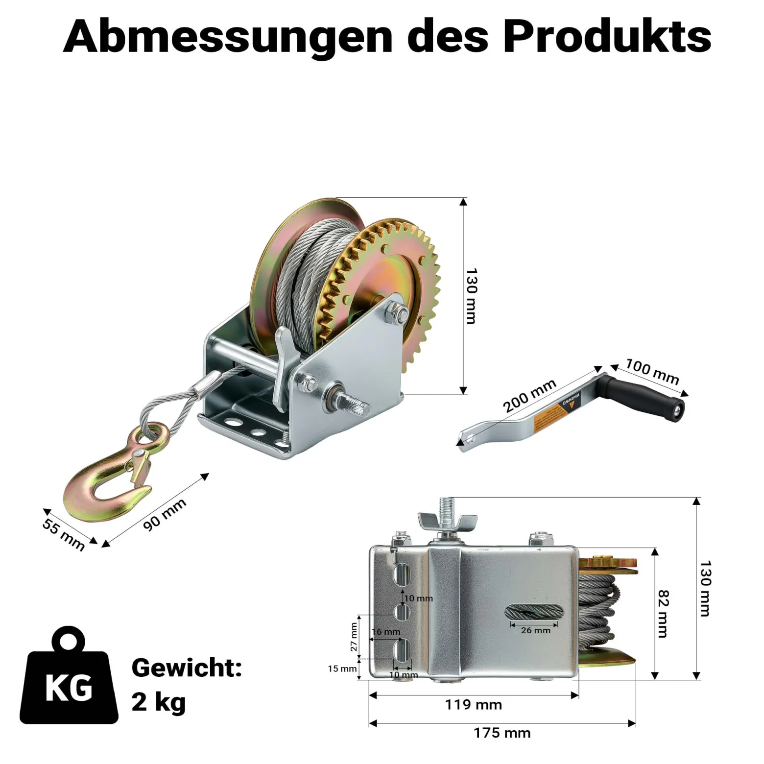 Wiltec Handseilwinde bis 350kg Übersetzung 3,1:1 130x175x130mm, Winde mit 10m Drahtseil, Seilwinde handbetrieben, Handseilzug effizient, Forstseilwinde