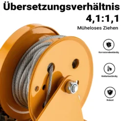 Wiltec Handseilwinde bis 540kg Übersetzung 4,2:1 170x210x210mm, Winde mit 10m Drahtseil, Seilwinde handbetrieben, Handseilzug effizient, Forstseilwinde