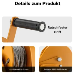 Wiltec Handseilwinde bis 540kg Übersetzung 4,2:1 170x210x210mm, Winde mit 10m Drahtseil, Seilwinde handbetrieben, Handseilzug effizient, Forstseilwinde