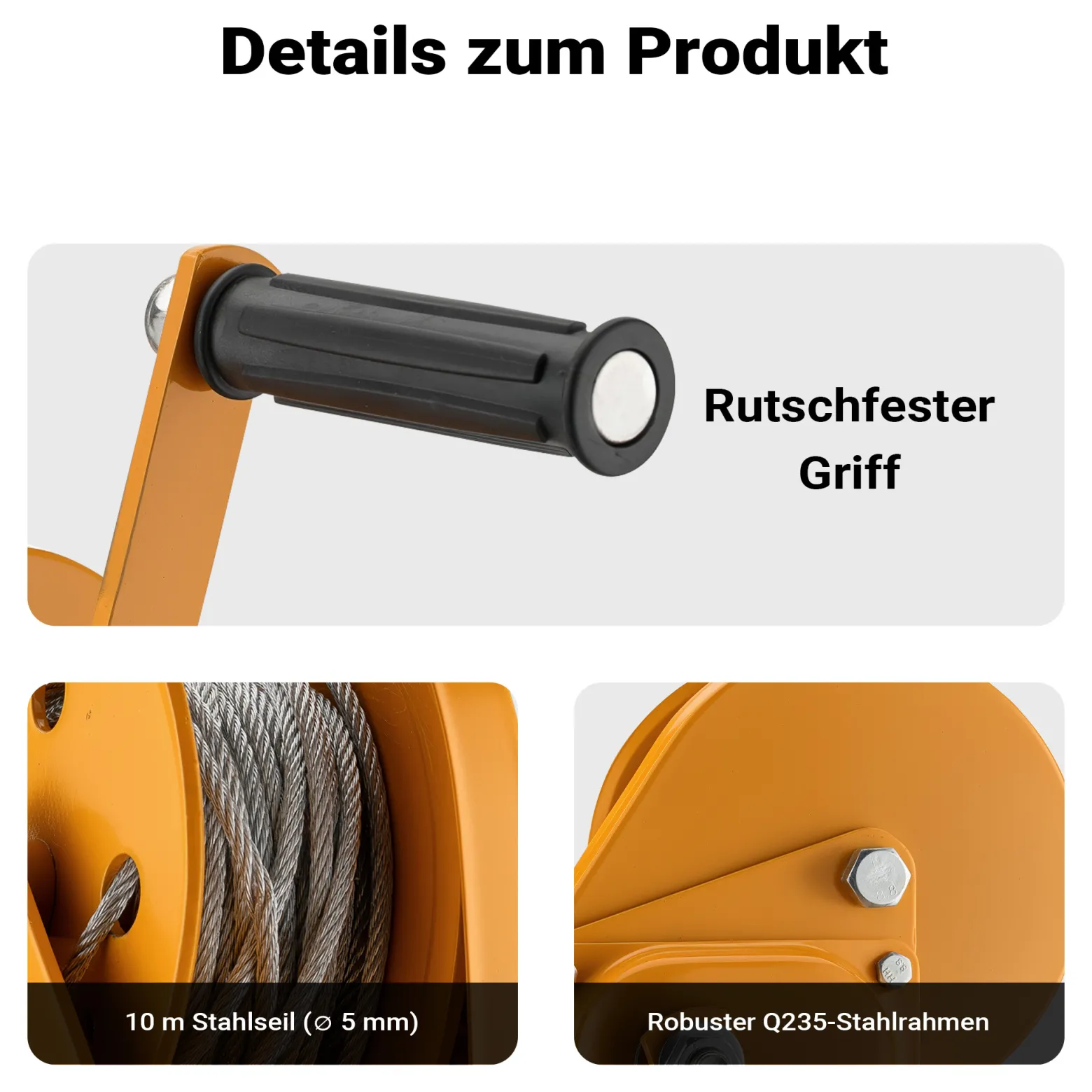 Wiltec Handseilwinde bis 540kg Übersetzung 4,2:1 170x210x210mm, Winde mit 10m Drahtseil, Seilwinde handbetrieben, Handseilzug effizient, Forstseilwinde