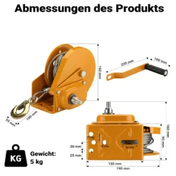 Wiltec Handseilwinde bis 540kg Übersetzung 4,2:1 170x210x210mm, Winde mit 10m Drahtseil, Seilwinde handbetrieben, Handseilzug effizient, Forstseilwinde