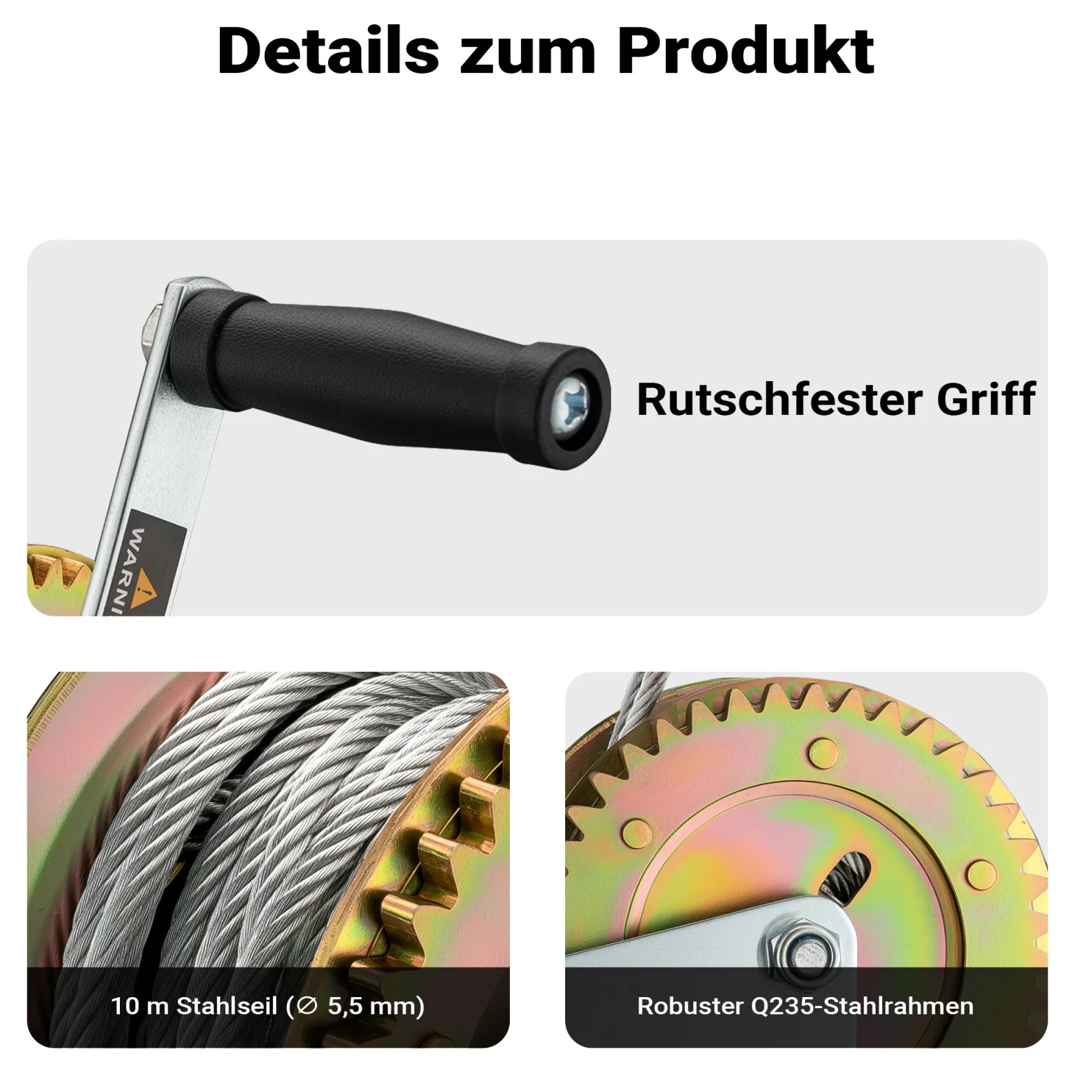 Wiltec Handseilwinde bis 1100kg Übersetzung 4:1 8:1 170x175x240mm, Winde mit 8m Drahtseil, Seilwinde handbetrieben, Handseilzug effizient, Forstseilwinde