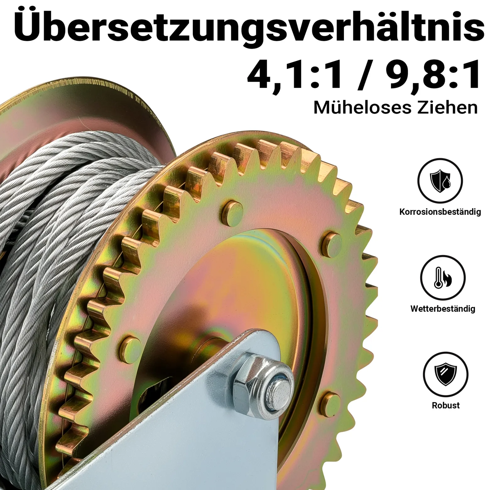 Wiltec Handseilwinde bis 1100kg Übersetzung 4:1 8:1 170x175x240mm, Winde mit 8m Drahtseil, Seilwinde handbetrieben, Handseilzug effizient, Forstseilwinde