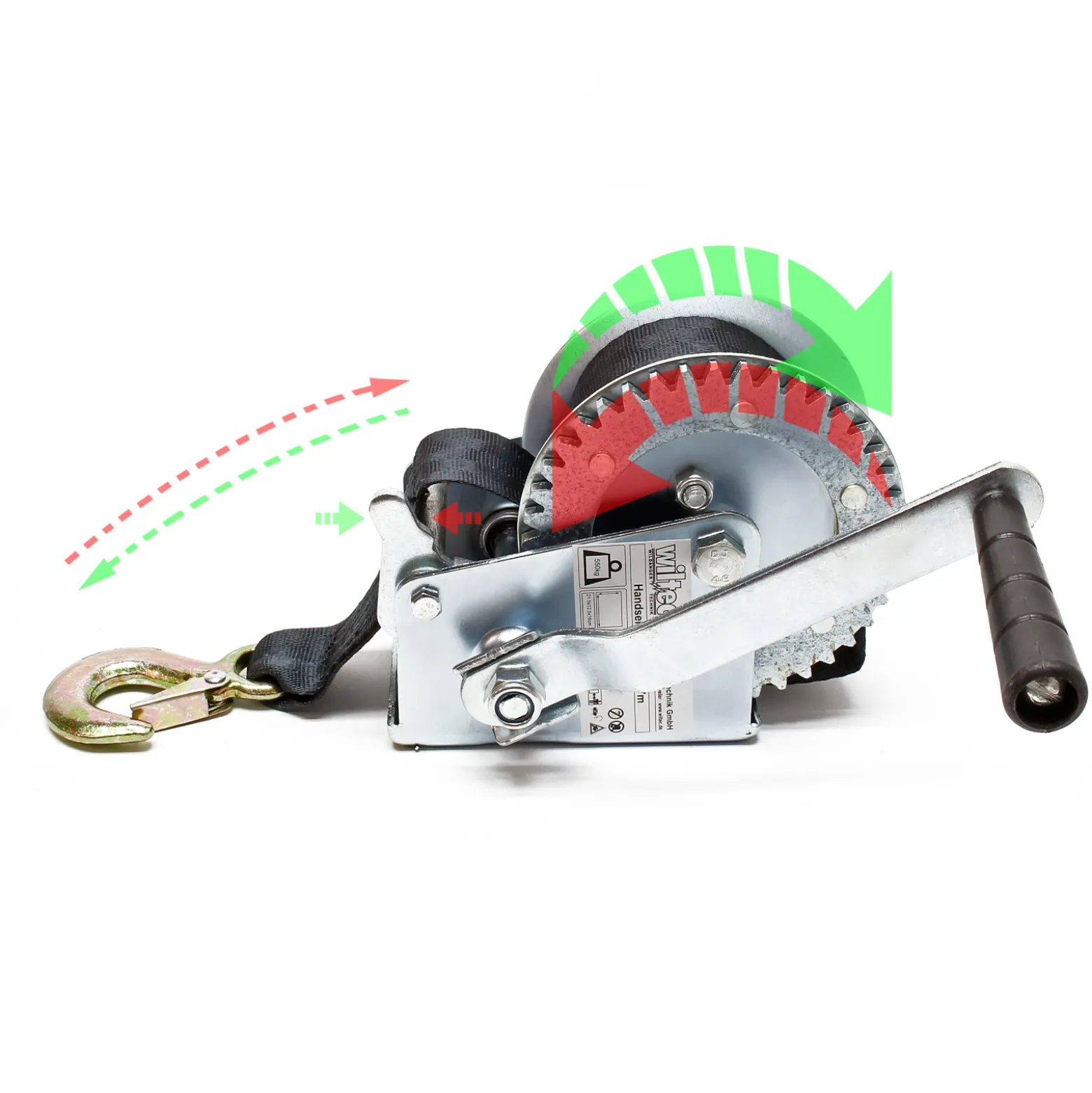 Wiltec Handseilwinde bis 550kg Übersetzung 4,1:1 160x131x219mm, Winde mit 7m Zugband, Seilwinde handbetrieben, Handseilzug effizient, Forstseilwinde