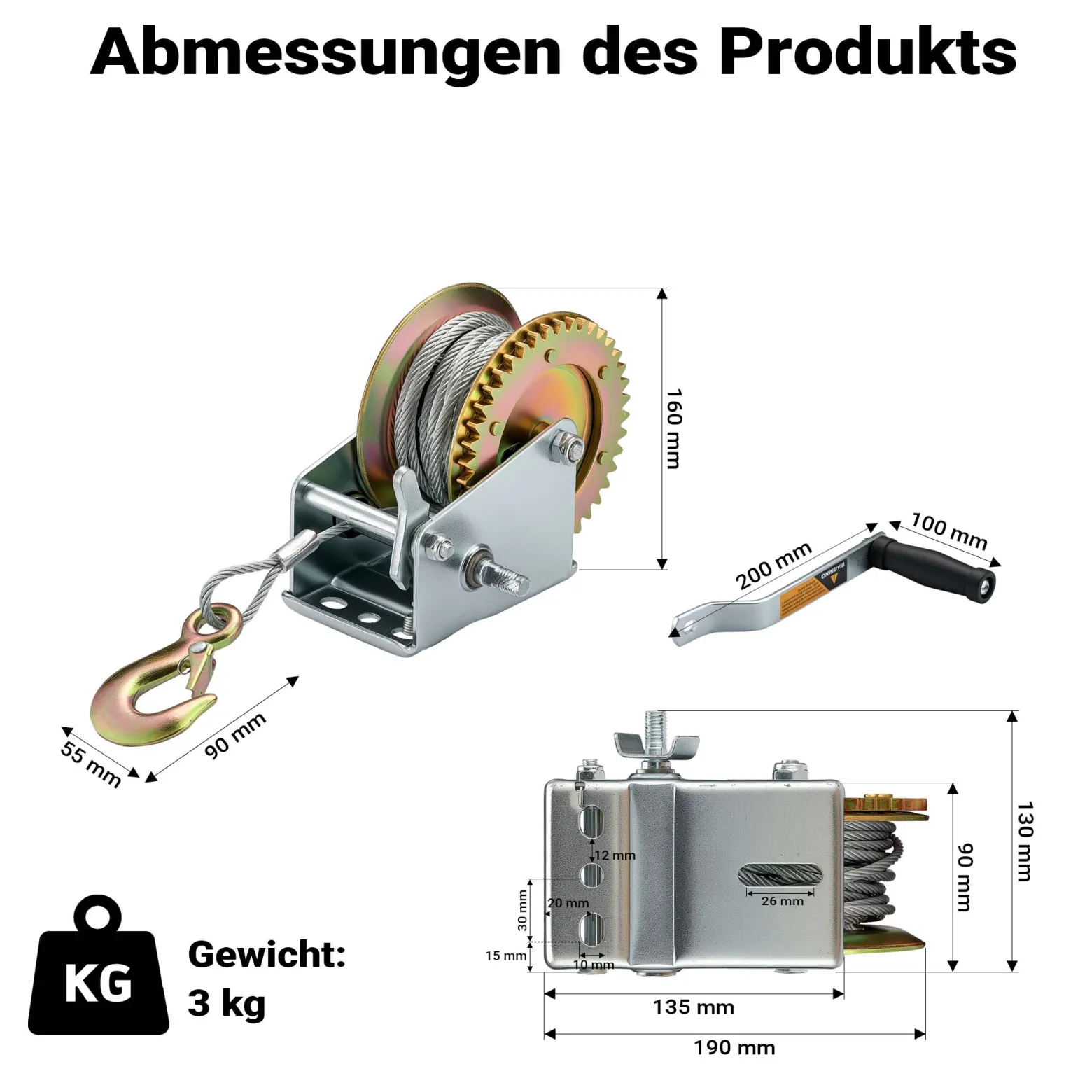 Wiltec Handseilwinde bis 550kg Übersetzung 4,1:1 130 x 190 x 160 mm, Winde mit 10m Drahtseil, Seilwinde handbetrieben, Handseilzug effizient, Forstseilwinde