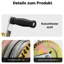 Wiltec Handseilwinde bis 720kg Übersetzung 4:1 128x160x215mm, Winde mit 10m Drahtseil, Seilwinde handbetrieben, Handseilzug effizient, Forstseilwinde