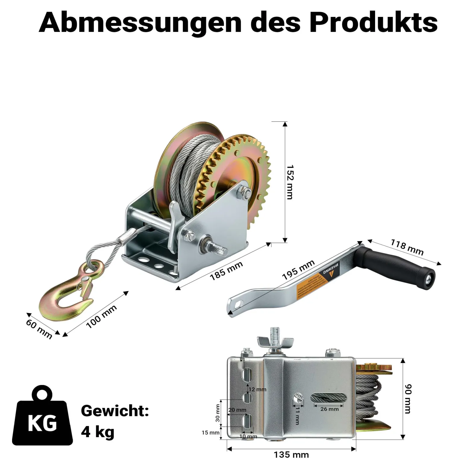 Wiltec Handseilwinde bis 720kg Übersetzung 4:1 128x160x215mm, Winde mit 10m Drahtseil, Seilwinde handbetrieben, Handseilzug effizient, Forstseilwinde
