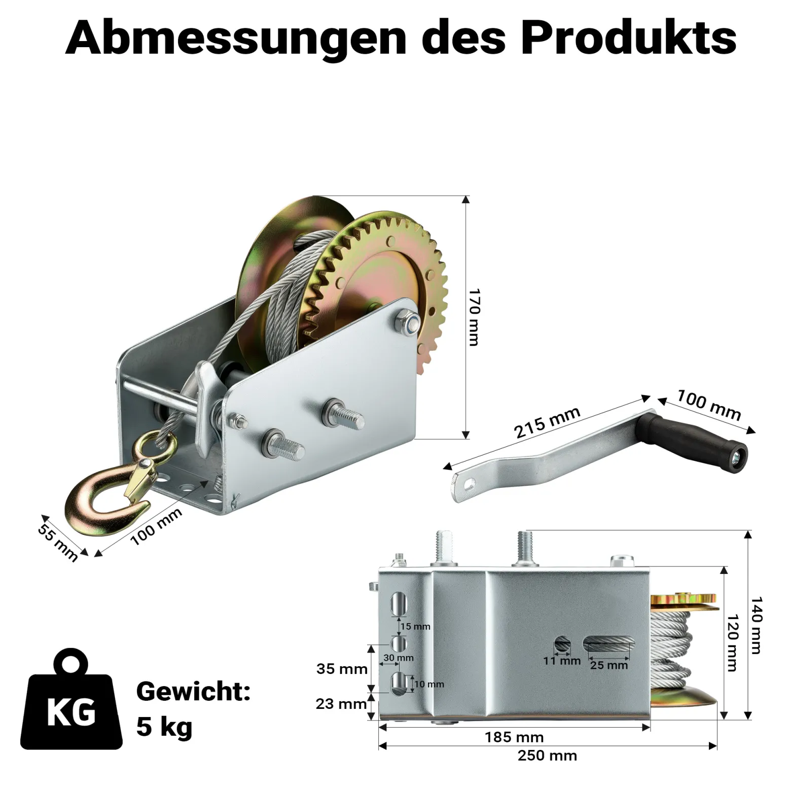 Wiltec Handseilwinde bis 900kg Übersetzung 4:1 8:1 175x173x233 mm, Winde mit 10m Drahtseil, Seilwinde handbetrieben, Handseilzug effizient, Forstseilwinde