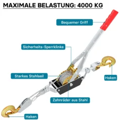 Wiltec Handseilzug mit 3 m Drahtseil bis 4000 kg, Flaschenzug mit 2 Haken, Seilwinde mit Sicherheitslasthaken, Handseilwinde mit 2 Getriebe