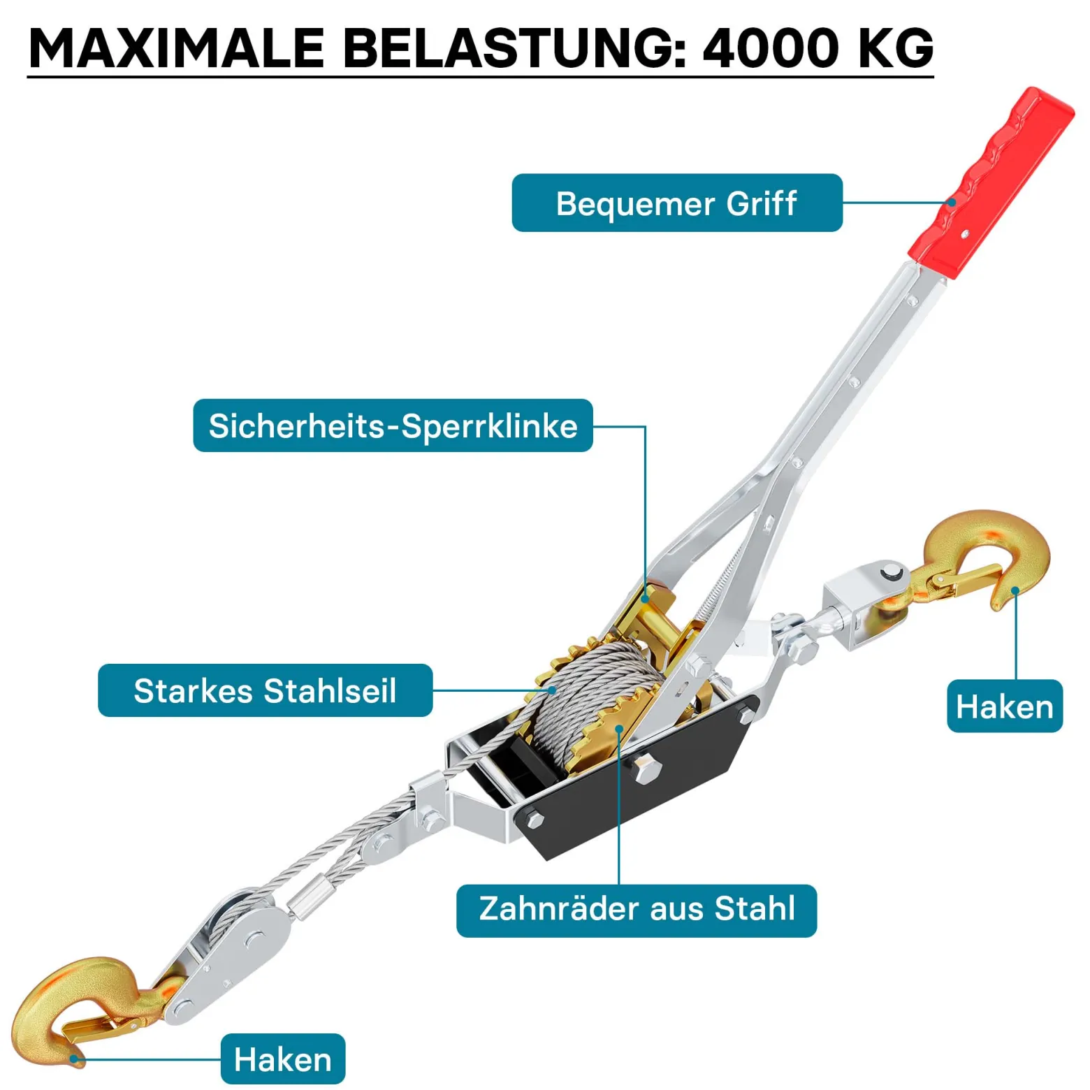 Wiltec Handseilzug mit 3 m Drahtseil bis 4000 kg, Flaschenzug mit 2 Haken, Seilwinde mit Sicherheitslasthaken, Handseilwinde mit 2 Getriebe