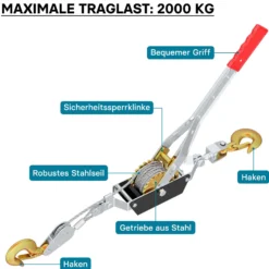 Wiltec Handseilzug mit 2,2 m Drahtseil bis 2000 kg, Flaschenzug mit 2 Haken, Seilwinde mit Sicherheitslasthaken, Handseilwinde mit 2 Getriebe