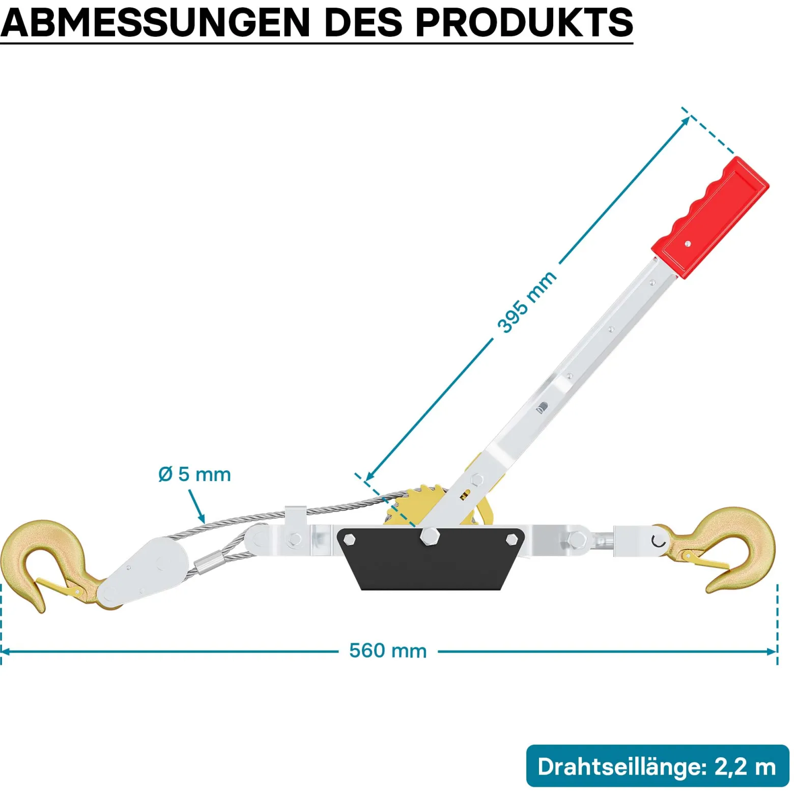 Wiltec Handseilzug mit 2,2 m Drahtseil bis 2000 kg, Flaschenzug mit 2 Haken, Seilwinde mit Sicherheitslasthaken, Handseilwinde mit 2 Getriebe