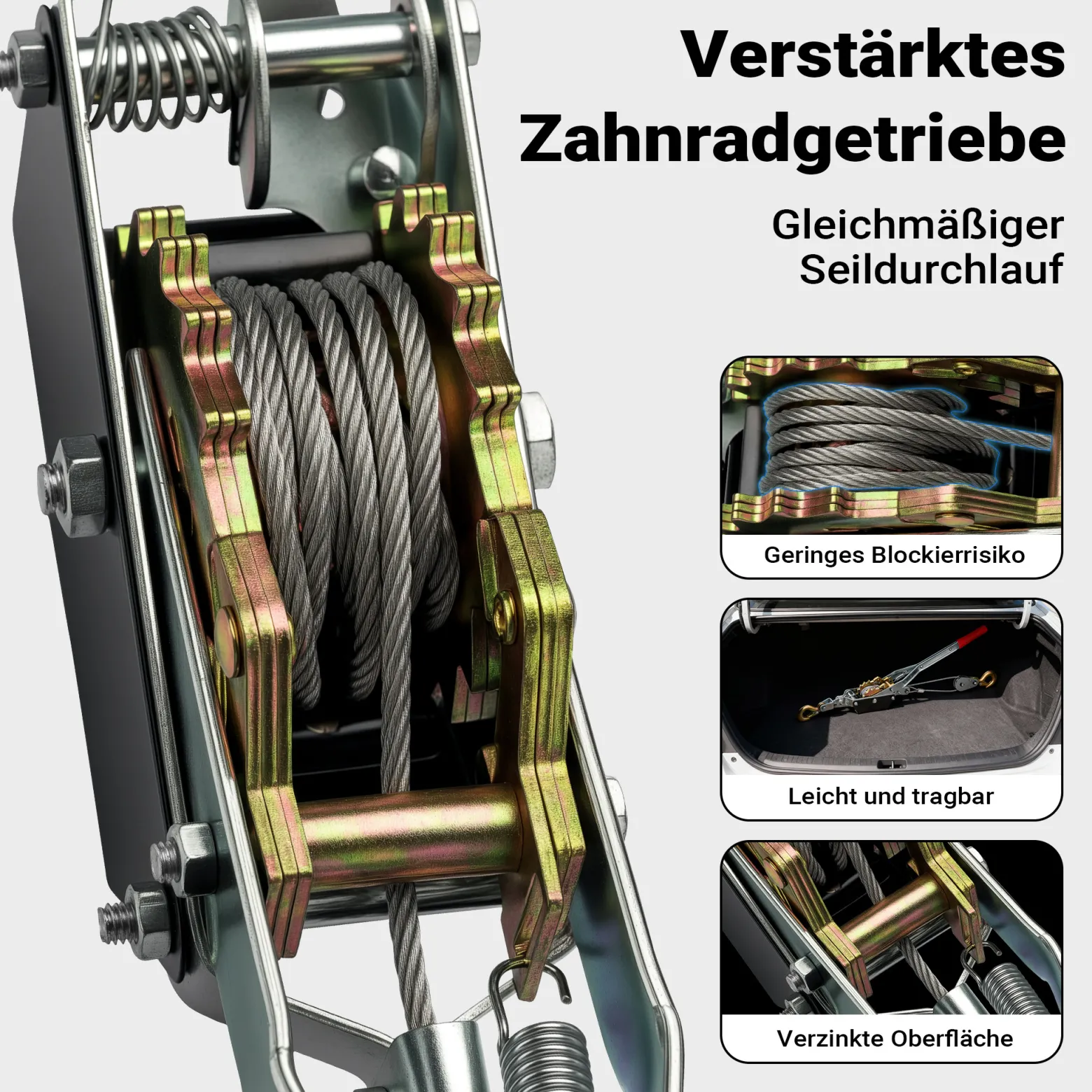 Wiltec Handseilzug mit 1,8 m Drahtseil bis 1000 kg, Flaschenzug mit 2 Haken, Seilwinde mit Sicherheitslasthaken