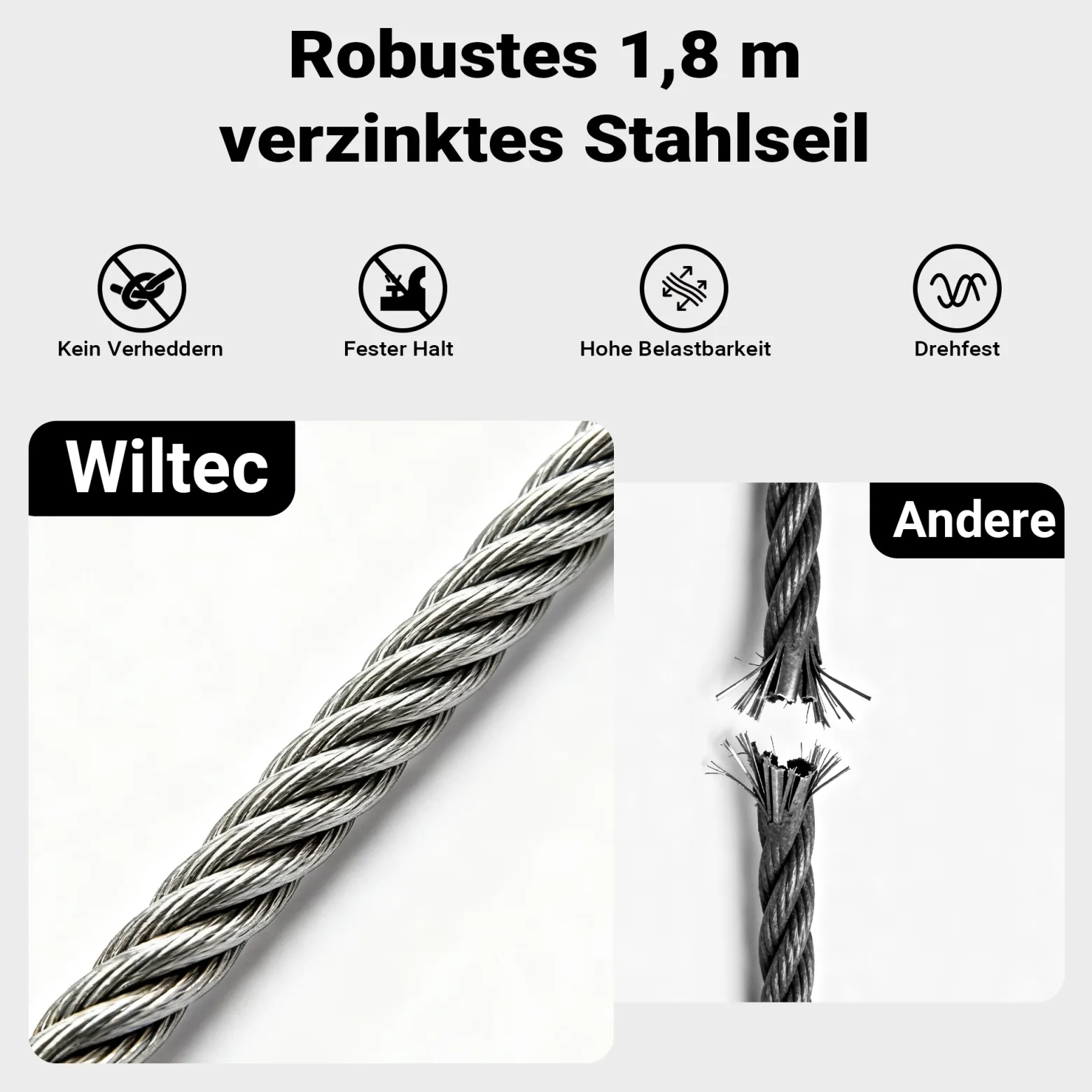 Wiltec Handseilzug mit 1,8 m Drahtseil bis 1000 kg, Flaschenzug mit 2 Haken, Seilwinde mit Sicherheitslasthaken