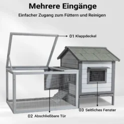 Wiltec Hasenstall hellgrau 1460 x 750 x 830 mm mit Freilaufgehege und erhöhtem Unterschlupf aus Holz, Kaninchenkäfig mit 2 Etagen, Kleintierstall