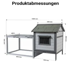 Wiltec Hasenstall hellgrau 1460 x 750 x 830 mm mit Freilaufgehege und erhöhtem Unterschlupf aus Holz, Kaninchenkäfig mit 2 Etagen, Kleintierstall