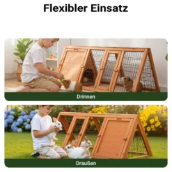 Wiltec Hasenstall in Dreiecksform, 118 x 50 x 45 cm, Kaninchenstall mit Freilauf und Schlafbereich, Kleintierstall aus Fichtenholz, Außengehege mit Türen