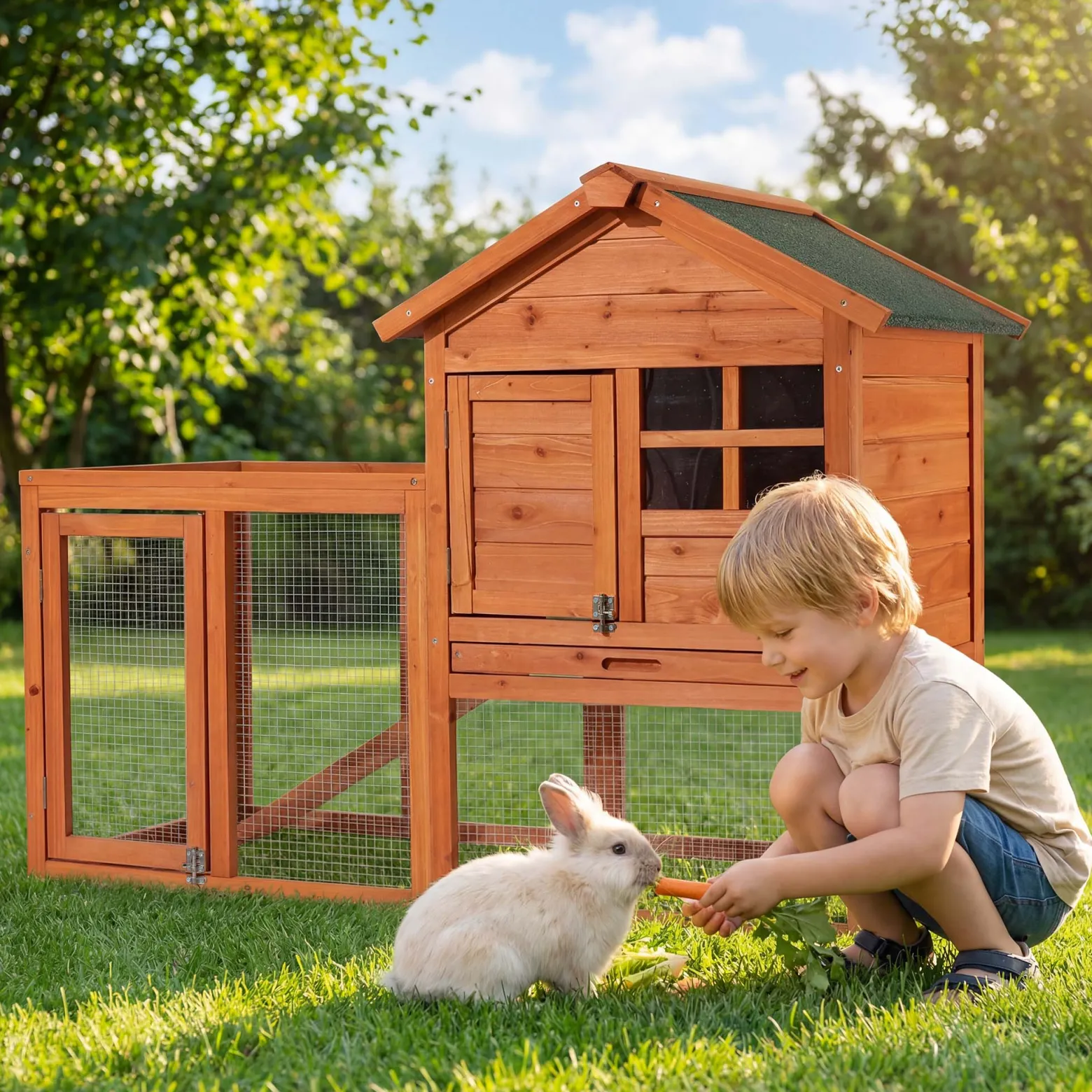 Wiltec Hasenstall 1220 x 630 x 920 mm mit Freilaufgehege und erhöhtem Unterschlupf aus Fichtenholz, Kaninchenkäfig mit 2 Etagen, Kleintierstall