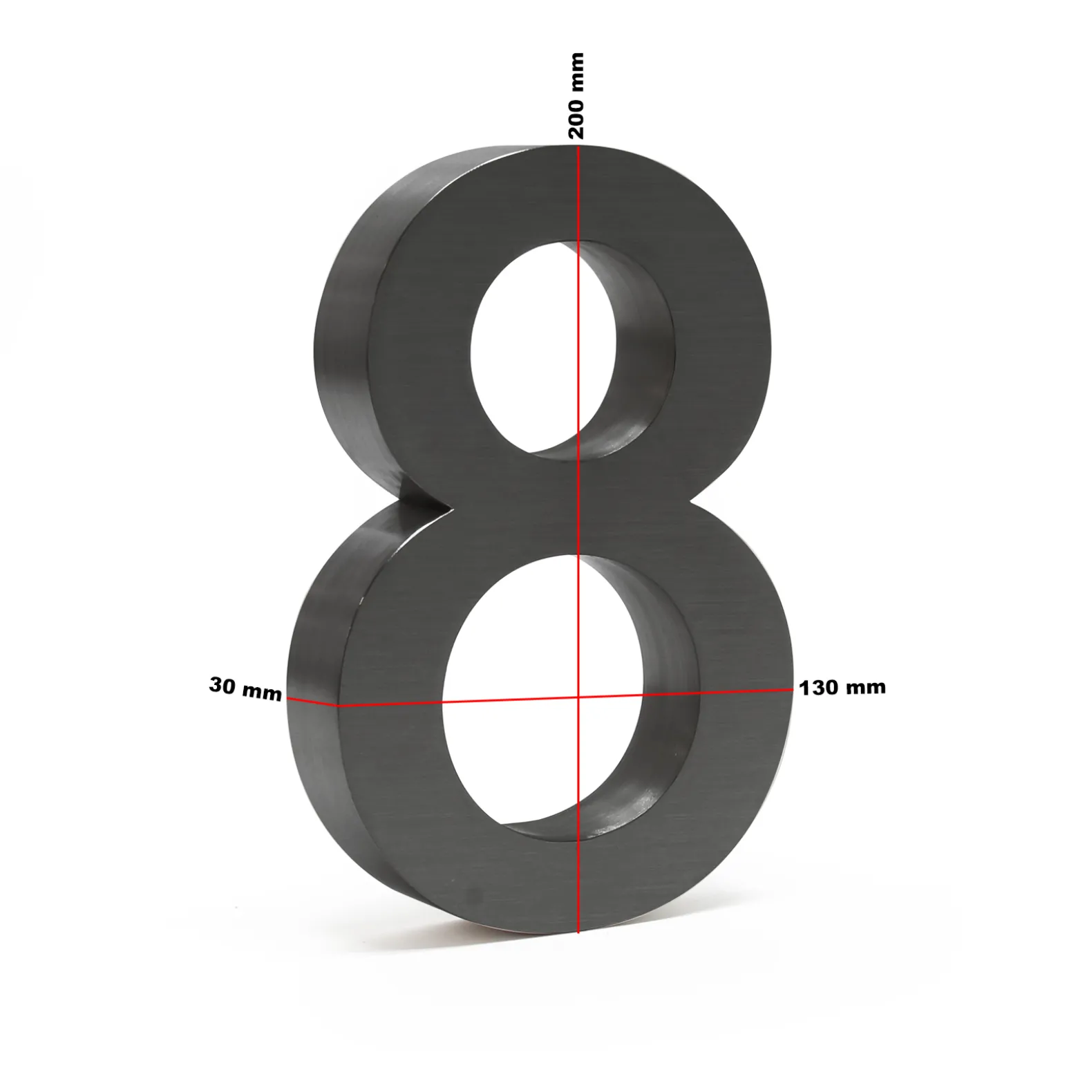 Wiltec Hausnummer 8 anthrazit Edelstahl Hausnummer in modernem 3D-Design, Höhe 20 cm, Schrift Arial, rostfrei und witterungsbeständig, mit Montagematerial