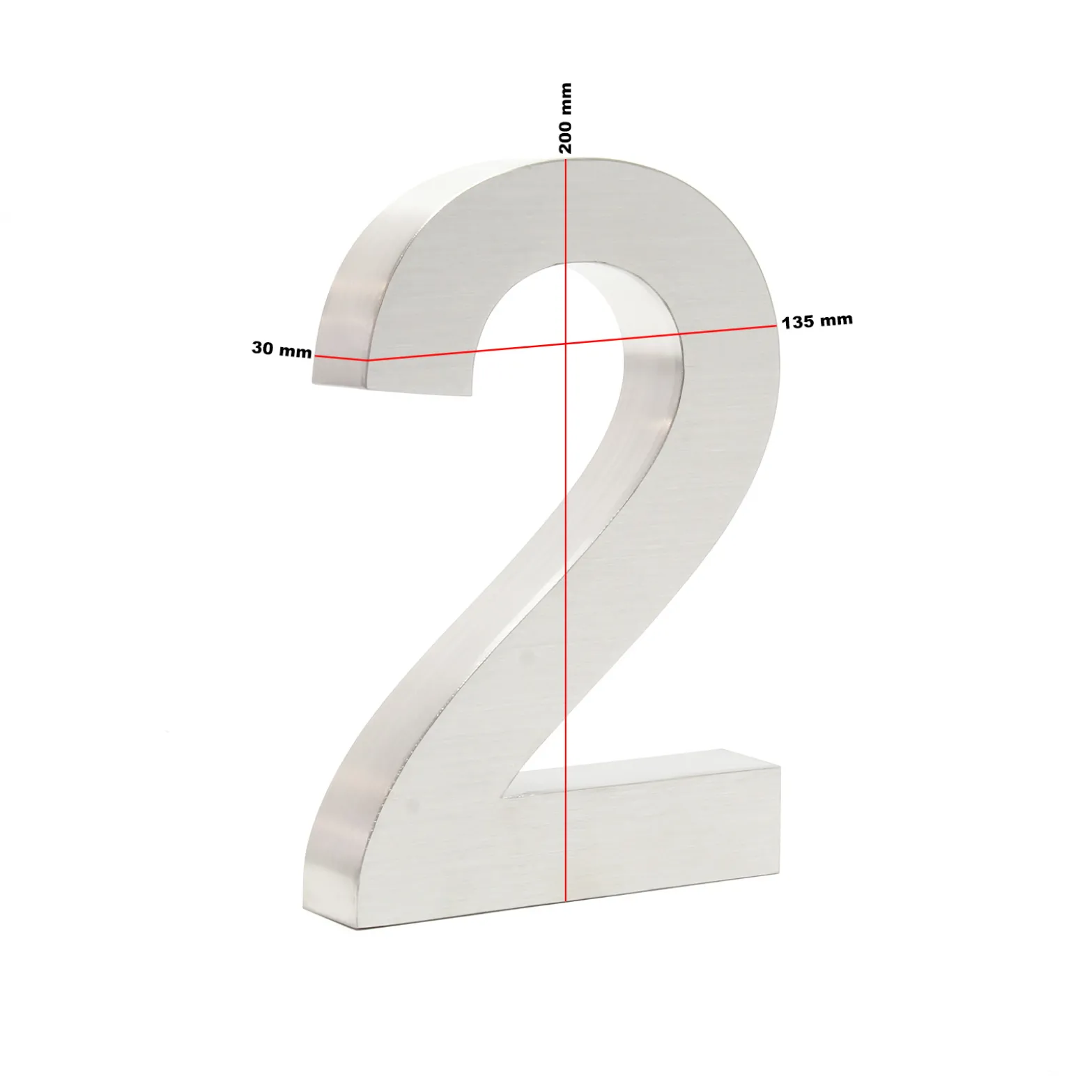 Wiltec Hausnummer 2 silberfarbene Edelstahl Hausnummer in modernem 3D-Design, Höhe 20 cm, Schrift Arial, rostfrei und witterungsbeständig, mit Montagematerial