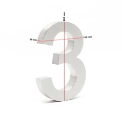 Wiltec Hausnummer 3 silberfarbene Edelstahl Hausnummer in modernem 3D-Design, Höhe 20 cm, Schrift Arial, rostfrei und witterungsbeständig, mit Montagematerial